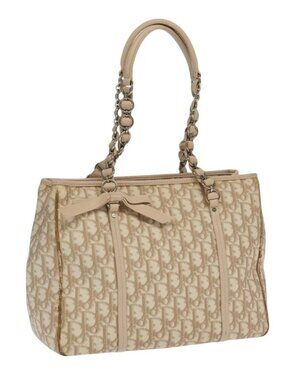 Christian Dior Trotter Canvas Romantic Shoulder Bag PVC Beige Silver